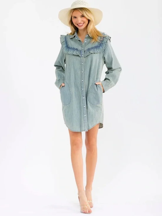 119 • Western CowGirl Denim Ruffle Shirt Dress | Washed Distressed Denim Dress - Picture 4 of 5